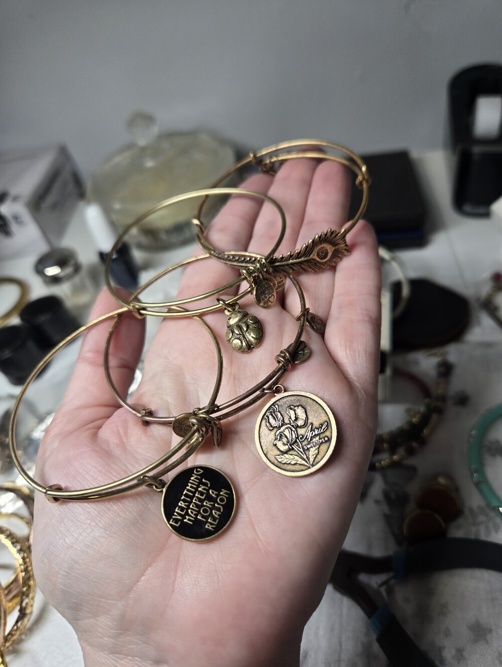 Alex and Ani Gold Tone Charm Bangle Bracelet Set with Floral and Feather Charms